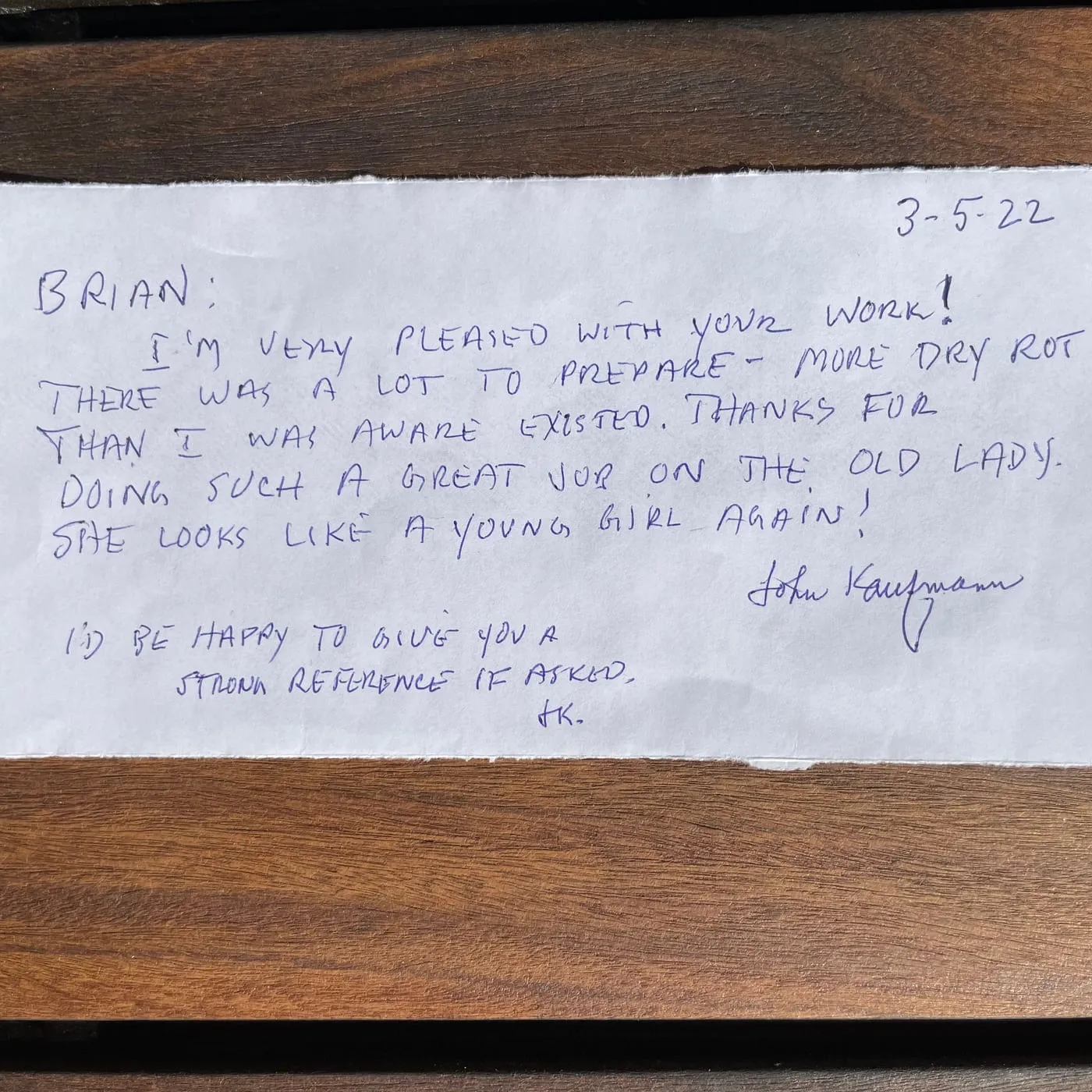 Handwritten note thanking Tara Pro for handling more dry rot than expected and making the old house look new again