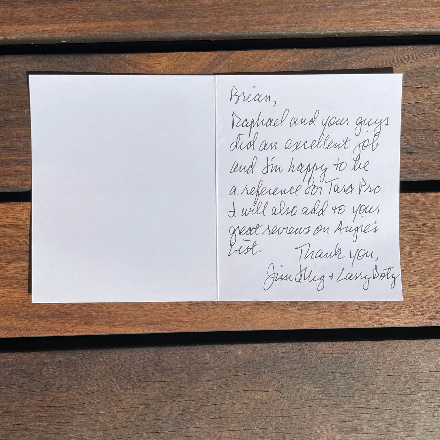 Handwritten card thanking Raphael and the Tara Pro crew for an excellent job and offering a reference